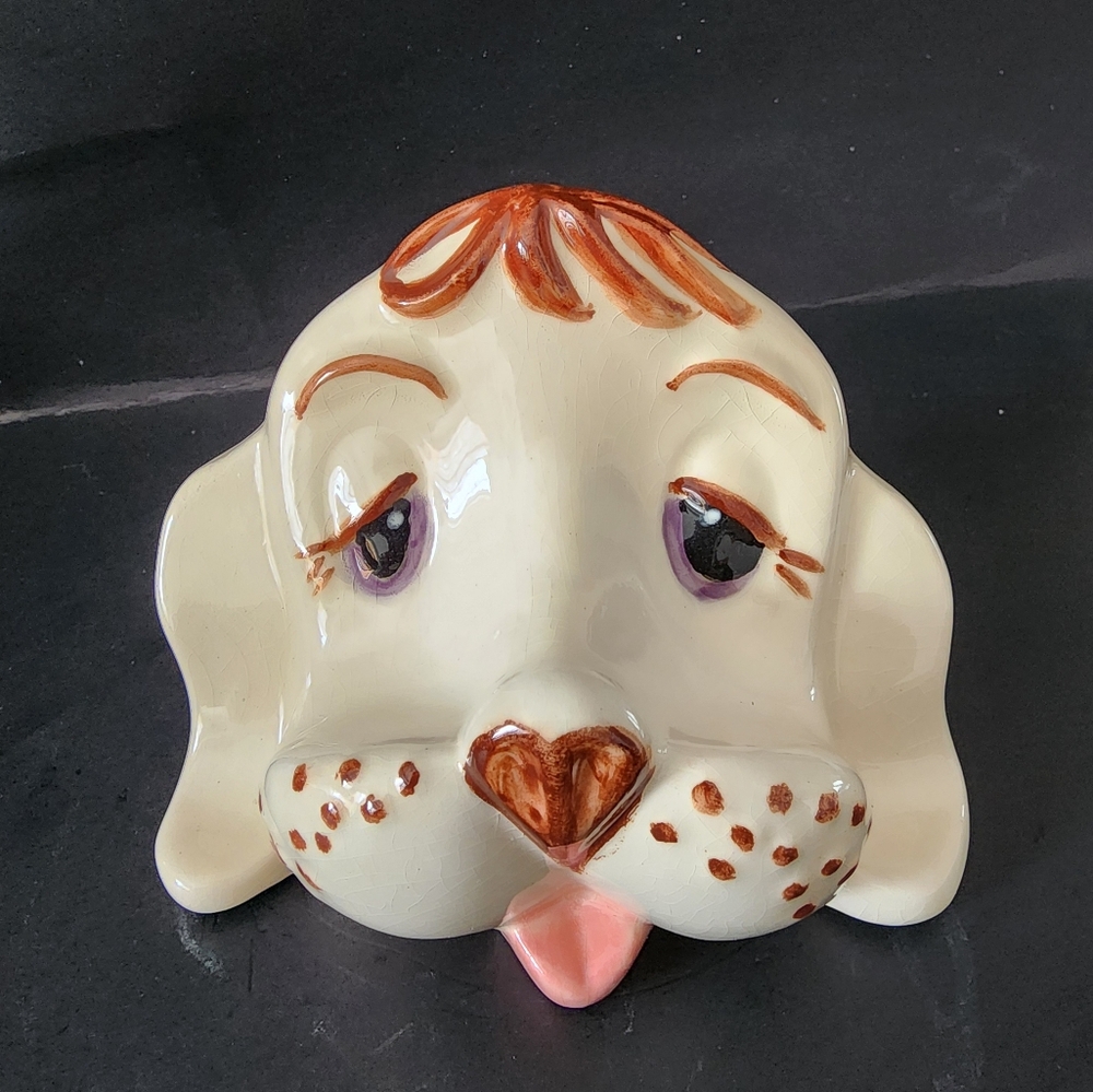 Vintage Porcelain Ceramic Hand Painted Glazed Puppy Dog Face 3” x 4.5”
